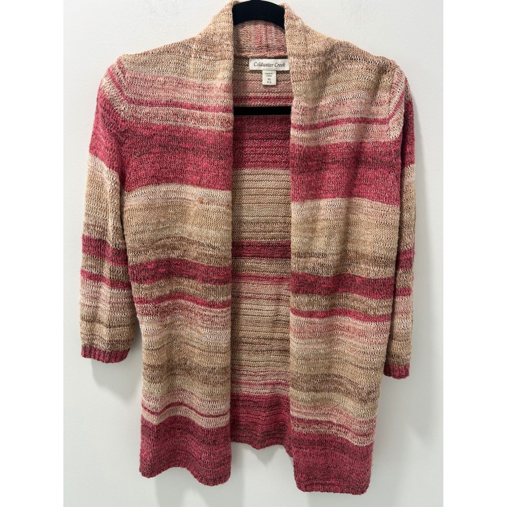 Coldwater Creek Womens Pink Tan Striped Open Front Cardigan Linen Blend XS 4-6